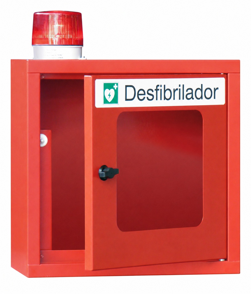 Armario mural de acero rojo abierto para desfibrilador AED con acceso rápido en emergencias.