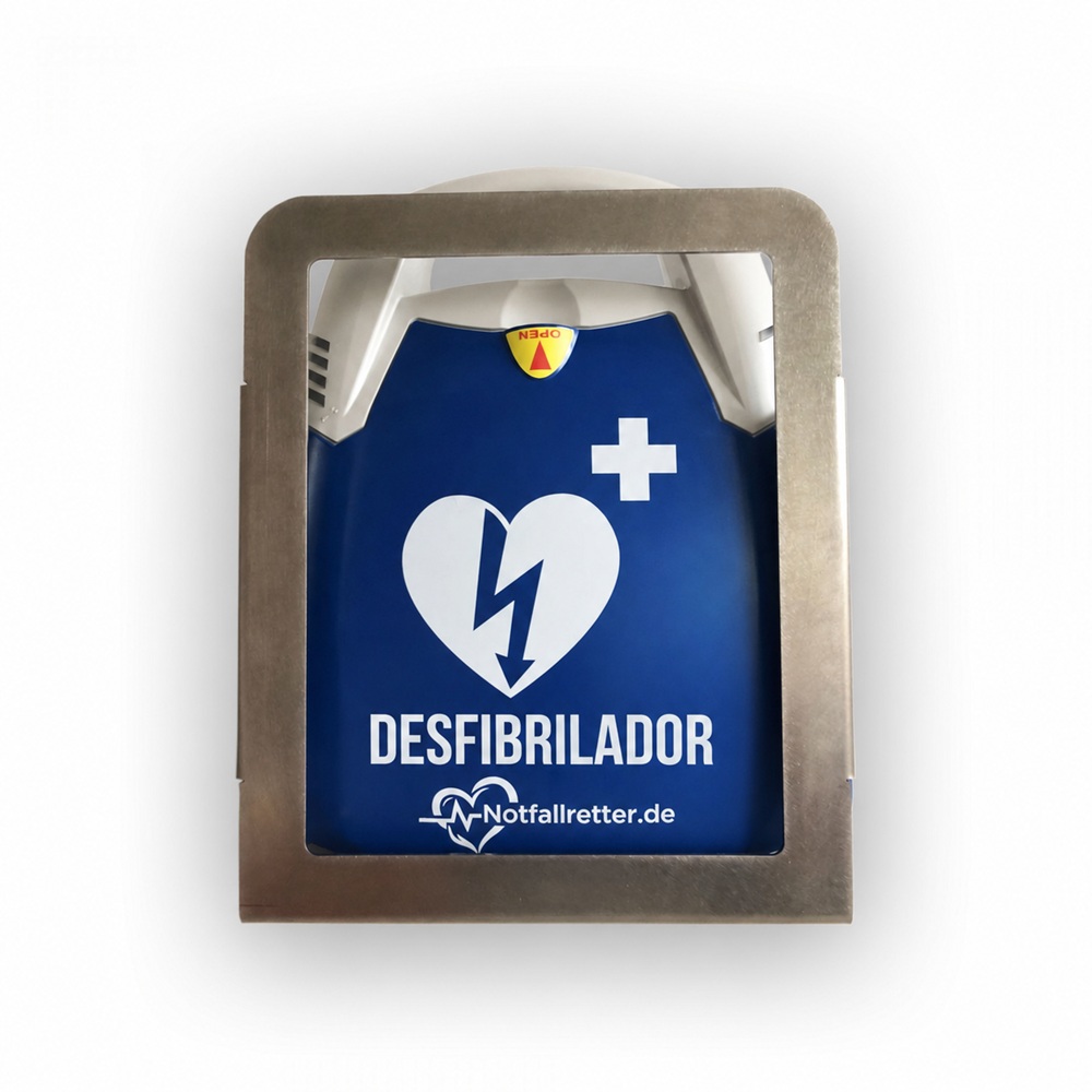 Soporte metálico de diseño para desfibriladores DEA/AED, ideal para montaje visible y acceso rápido en pared.