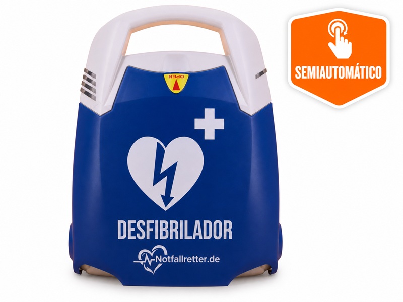 Desfibrilador DESA semiautomático Notfallretter.de con inscripción en español para emergencias cardíacas en empresas y espacios públicos