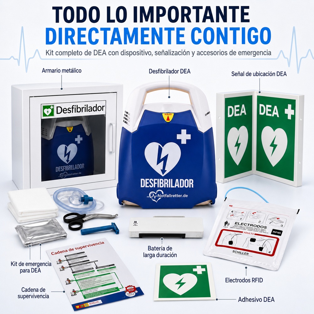 Contenido del set de desfibrilador DEA con equipo Notfallretter.de, armario metálico, batería, electrodos y accesorios de emergencia.
