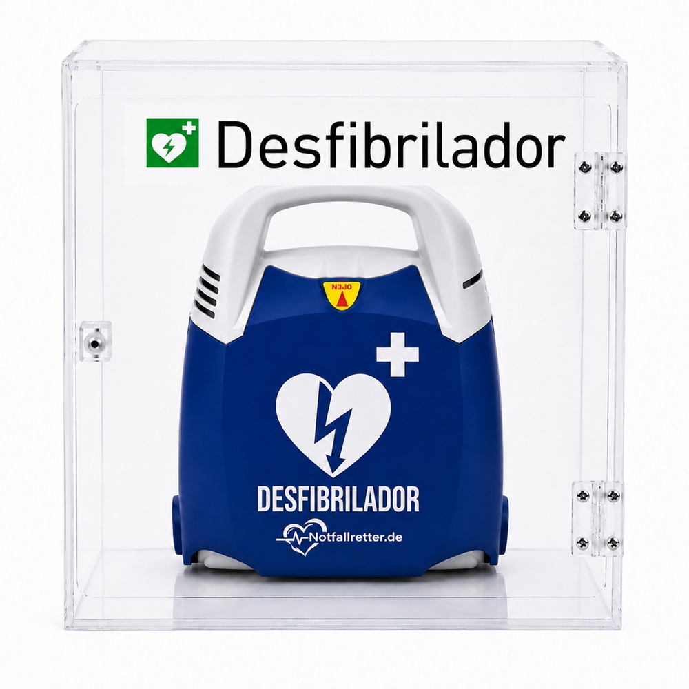 Armario de pared de acrílico transparente para desfibrilador DEA con diseño visible y material de montaje.