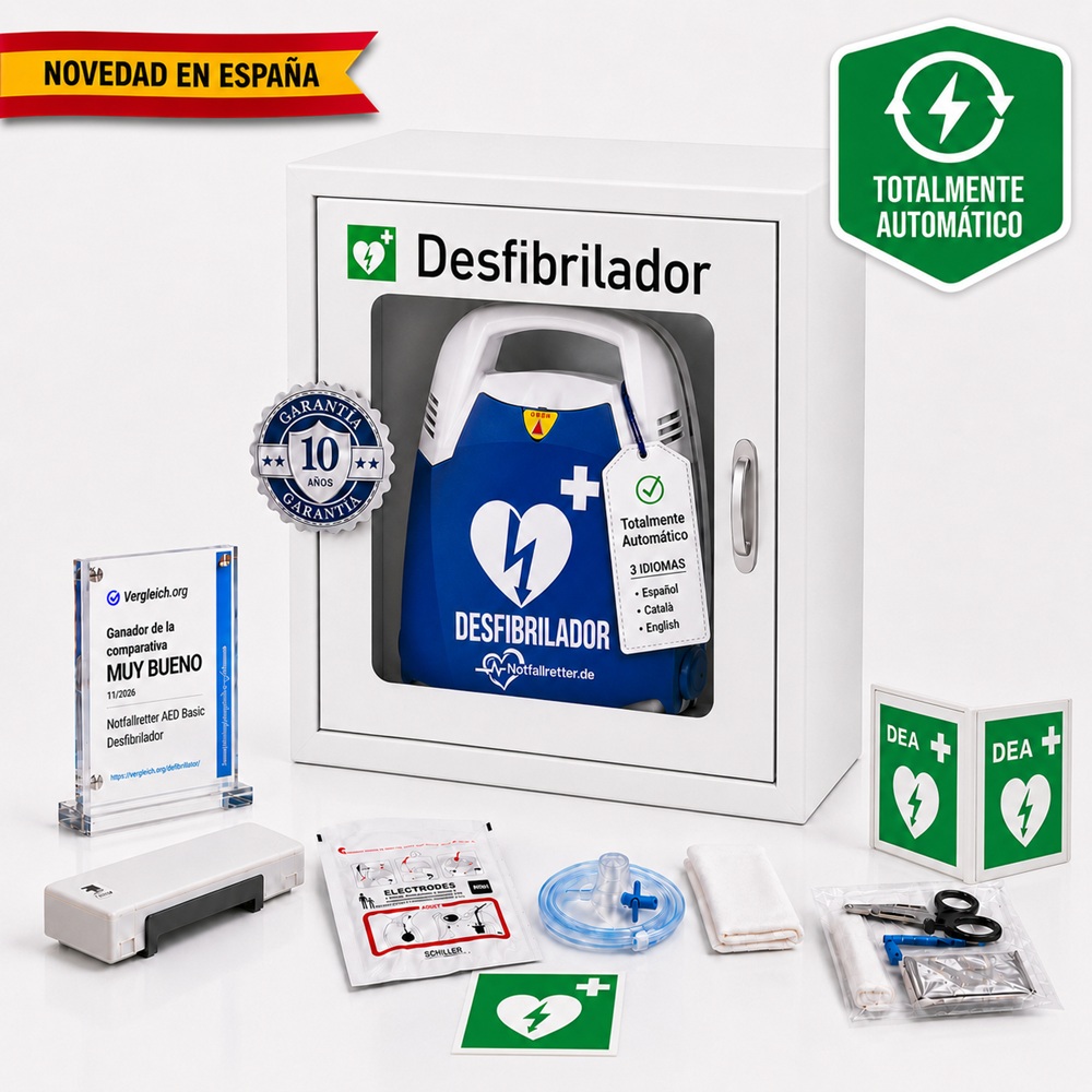 Set de desfibrilador DEA Notfallretter.de con armario metálico de pared, señalizador DEA y kit de emergencia.